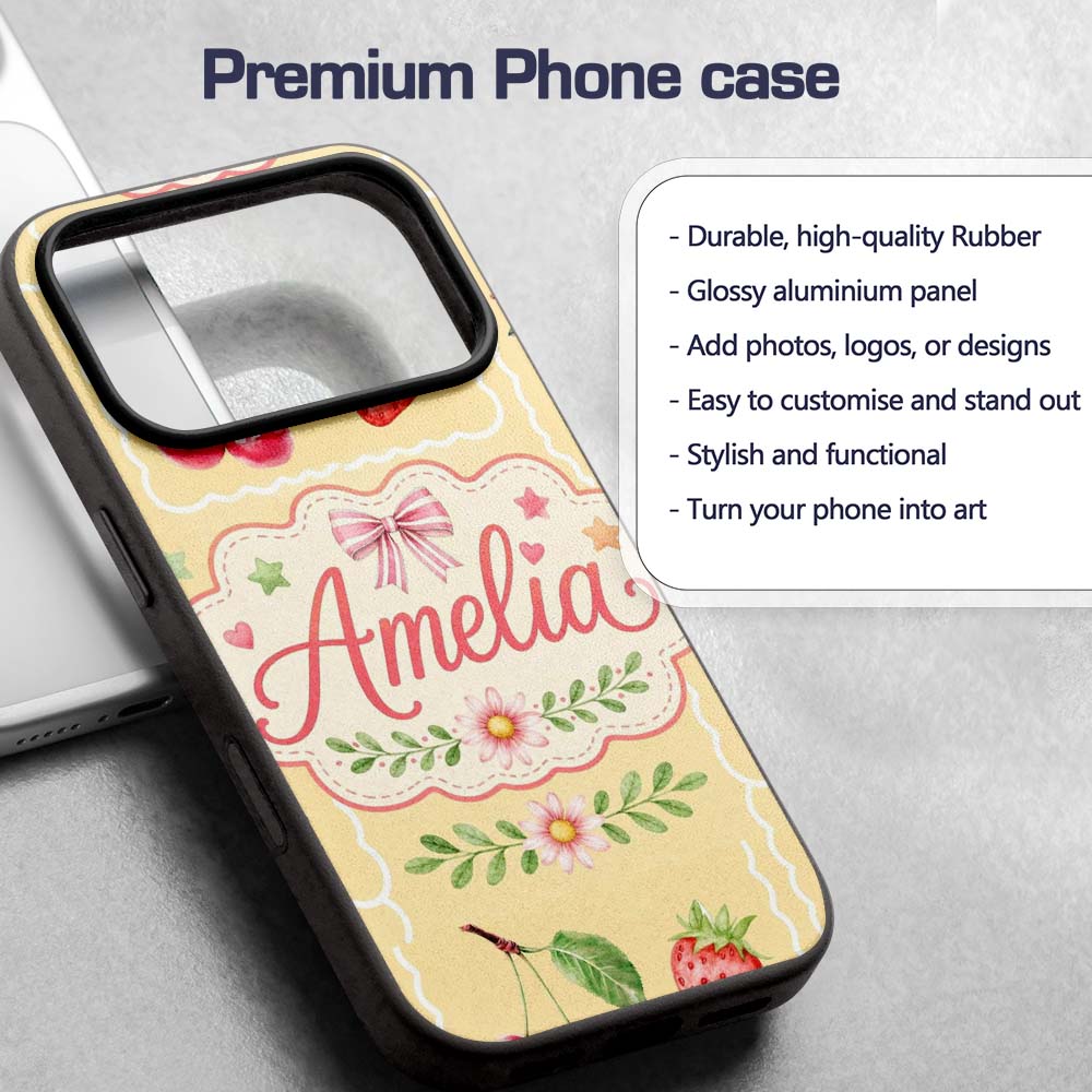 Cute Watercolor Cherry Strawberry Ribbon Bow Custom Name Protective Phone Case Mobile Cover Durable Everyday Smartphone Shock Resistant