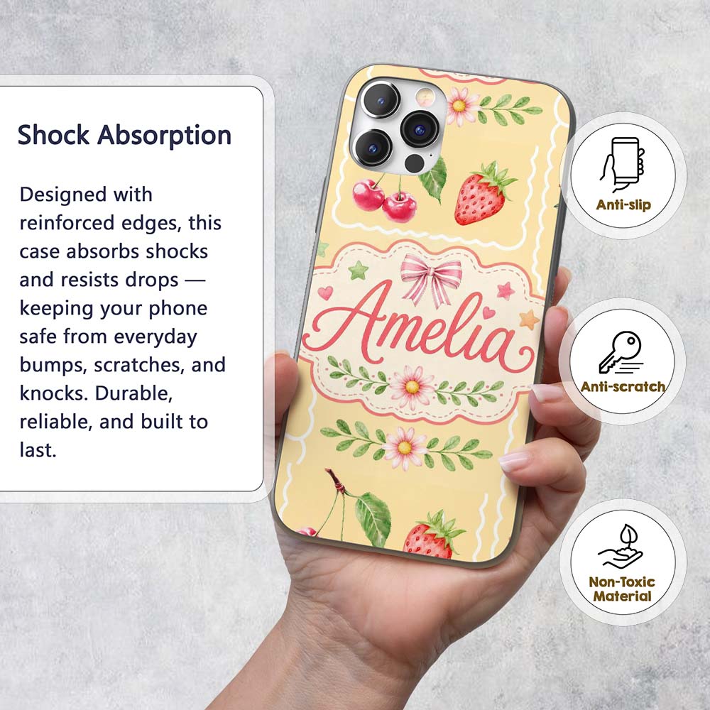 Cute Watercolor Cherry Strawberry Ribbon Bow Custom Name Protective Phone Case Mobile Cover Durable Everyday Smartphone Shock Resistant