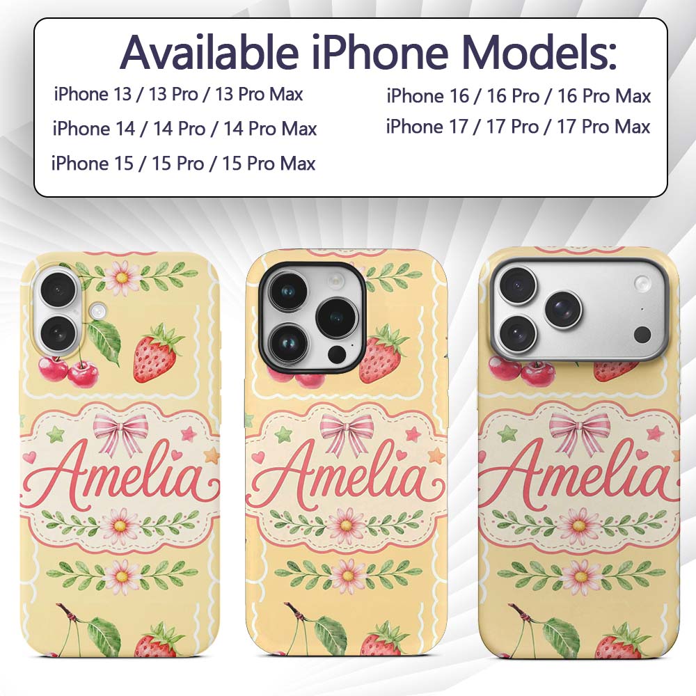 Cute Watercolor Cherry Strawberry Ribbon Bow Custom Name Protective Phone Case Mobile Cover Durable Everyday Smartphone Shock Resistant