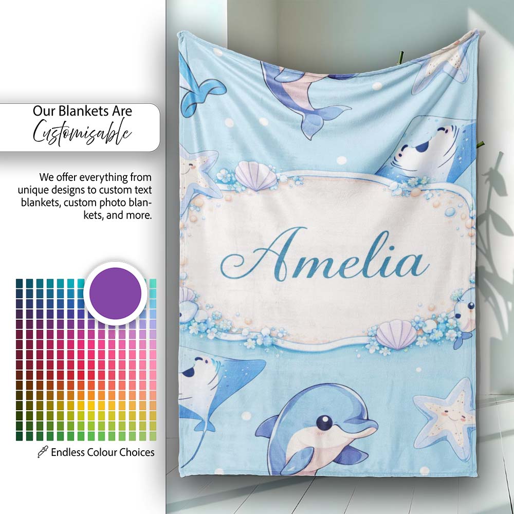 Cute Dolphin Stingray Starfish Ocean Sea Life Soft Aqua Background  Personalised Custom Name Super Soft Fleece Blanket Bed Sofa Throw