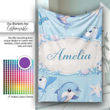 Cute Dolphin Stingray Starfish Ocean Sea Life Soft Aqua Background  Personalised Custom Name Super Soft Fleece Blanket Bed Sofa Throw