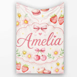 Cute Watercolor Cherry Strawberry Daisy Flowers Pink Bow Light Grey  Personalised Custom Name Super Soft Fleece Blanket Bed Sofa Throw