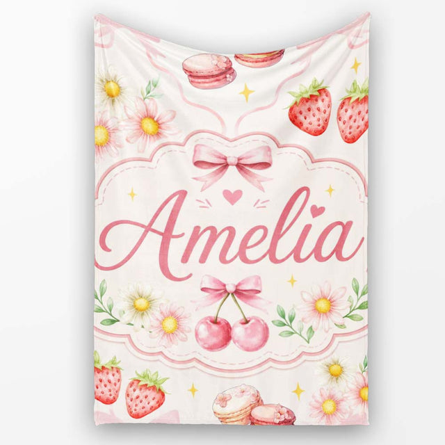 Cute Watercolor Cherry Strawberry Daisy Flowers Pink Bow Light Grey  Personalised Custom Name Super Soft Fleece Blanket Bed Sofa Throw