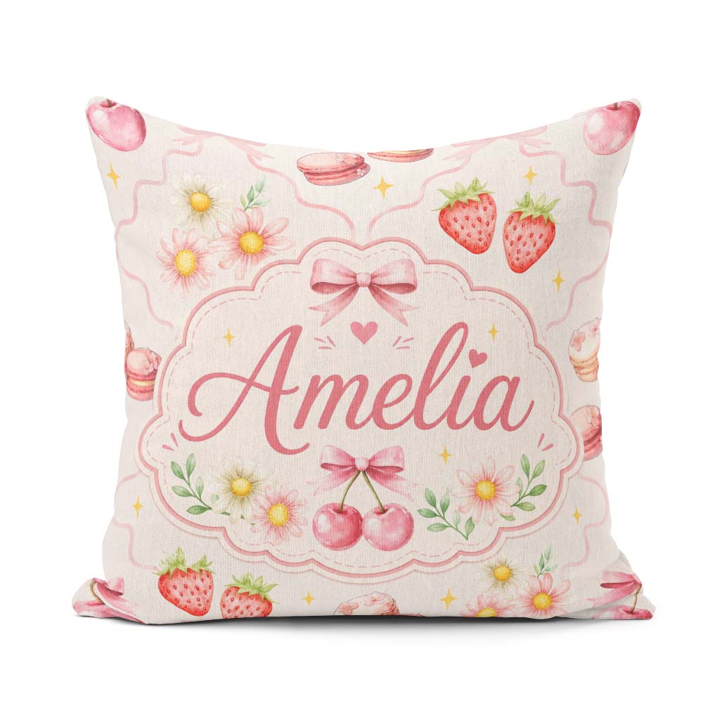 Custom Name Watercolor Cherry Daisy Flowers Pink Bow Light Grey Square Filled Cushion Throw Pillow Sofa Bed Home Decor Zip Washable UK Made