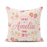 Custom Name Watercolor Cherry Daisy Flowers Pink Bow Light Grey Square Filled Cushion Throw Pillow Sofa Bed Home Decor Zip Washable UK Made