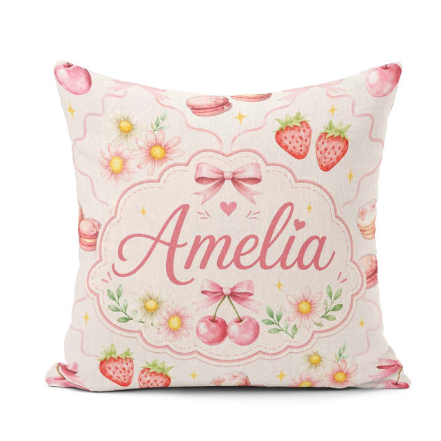 Custom Name Watercolor Cherry Daisy Flowers Pink Bow Light Grey Square Filled Cushion Throw Pillow Sofa Bed Home Decor Zip Washable UK Made