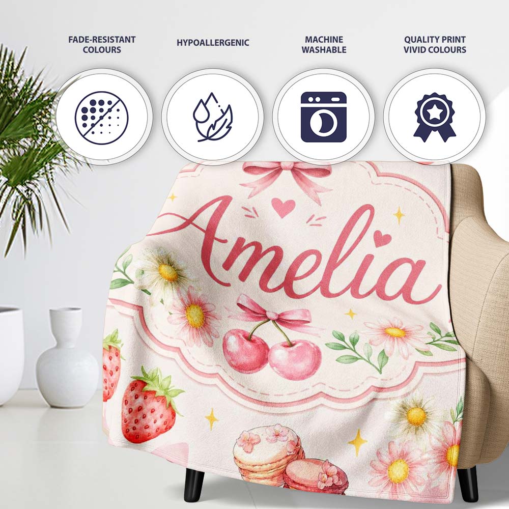 Cute Watercolor Cherry Strawberry Daisy Flowers Pink Bow Light Grey  Personalised Custom Name Super Soft Fleece Blanket Bed Sofa Throw