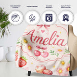 Cute Watercolor Cherry Strawberry Daisy Flowers Pink Bow Light Grey  Personalised Custom Name Super Soft Fleece Blanket Bed Sofa Throw