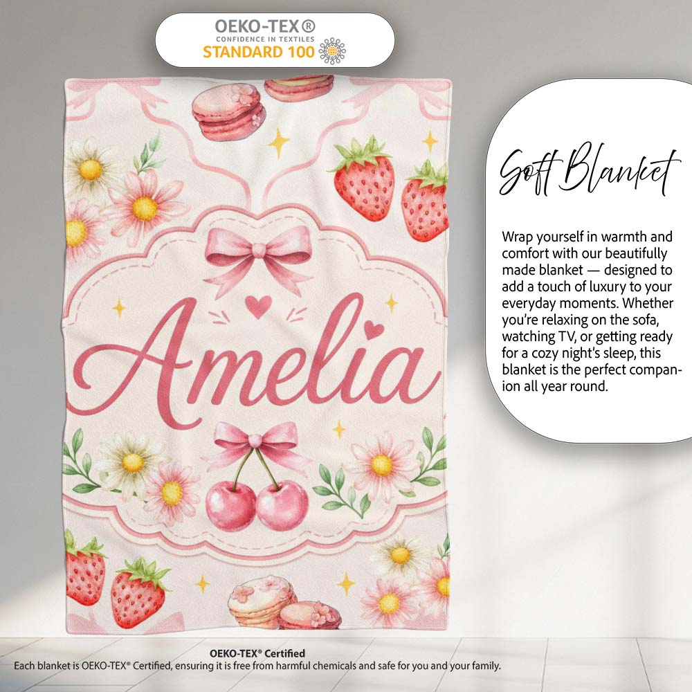 Cute Watercolor Cherry Strawberry Daisy Flowers Pink Bow Light Grey  Personalised Custom Name Super Soft Fleece Blanket Bed Sofa Throw