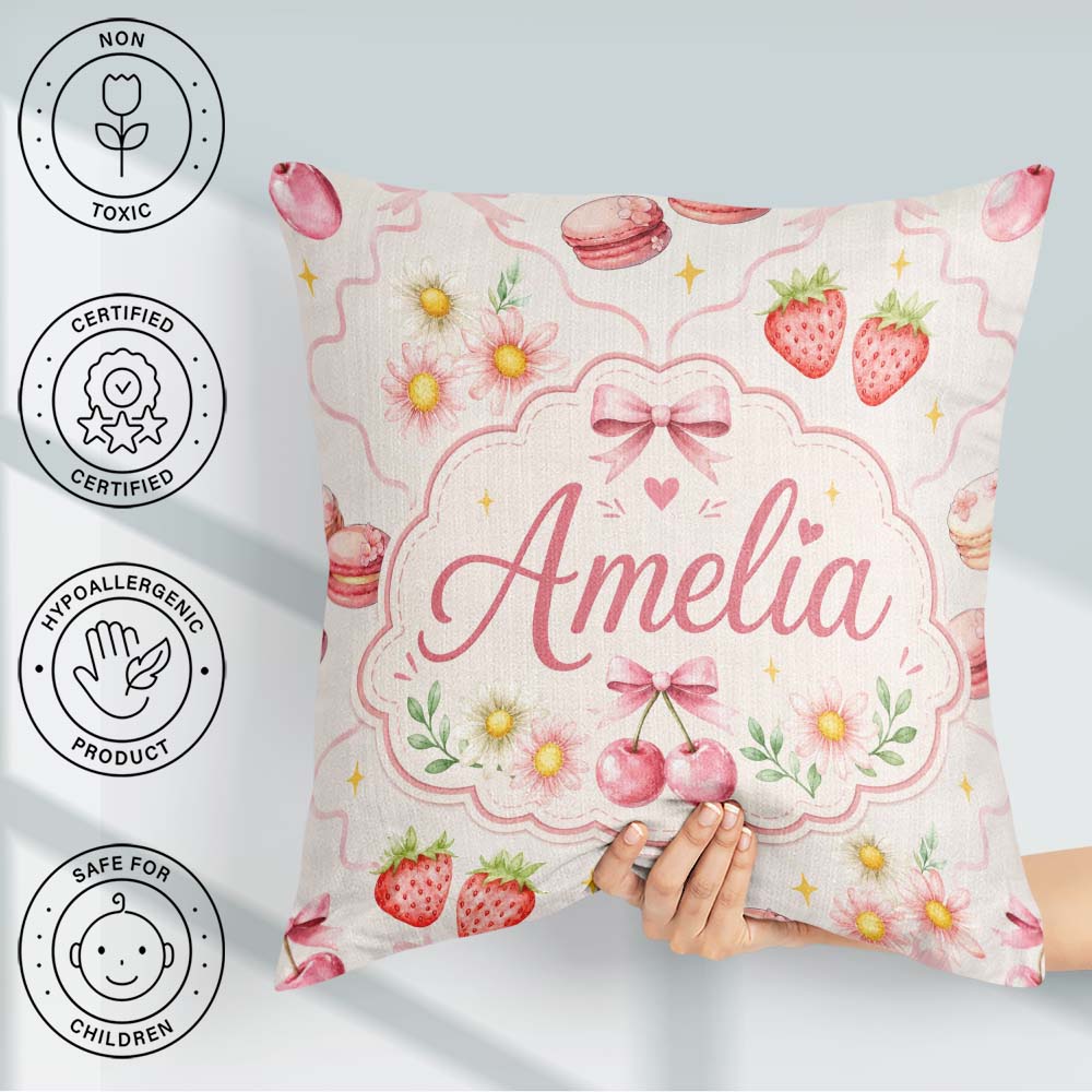 Custom Name Watercolor Cherry Daisy Flowers Pink Bow Light Grey Square Filled Cushion Throw Pillow Sofa Bed Home Decor Zip Washable UK Made