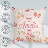 Custom Name Watercolor Cherry Daisy Flowers Pink Bow Light Grey Square Filled Cushion Throw Pillow Sofa Bed Home Decor Zip Washable UK Made