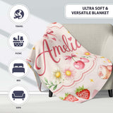 Cute Watercolor Cherry Strawberry Daisy Flowers Pink Bow Light Grey  Personalised Custom Name Super Soft Fleece Blanket Bed Sofa Throw