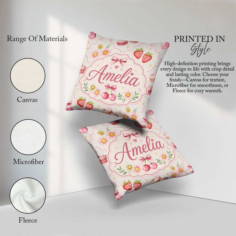 Custom Name Watercolor Cherry Daisy Flowers Pink Bow Light Grey Square Filled Cushion Throw Pillow Sofa Bed Home Decor Zip Washable UK Made