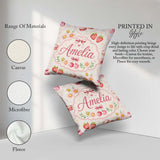 Custom Name Watercolor Cherry Daisy Flowers Pink Bow Light Grey Square Filled Cushion Throw Pillow Sofa Bed Home Decor Zip Washable UK Made