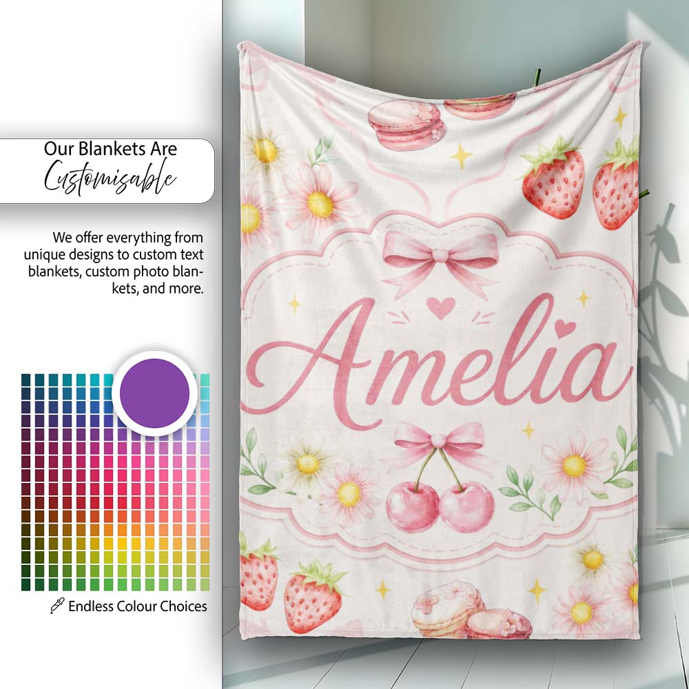 Cute Watercolor Cherry Strawberry Daisy Flowers Pink Bow Light Grey  Personalised Custom Name Super Soft Fleece Blanket Bed Sofa Throw