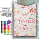 Cute Watercolor Cherry Strawberry Daisy Flowers Pink Bow Light Grey  Personalised Custom Name Super Soft Fleece Blanket Bed Sofa Throw