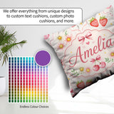 Custom Name Watercolor Cherry Daisy Flowers Pink Bow Light Grey Square Filled Cushion Throw Pillow Sofa Bed Home Decor Zip Washable UK Made