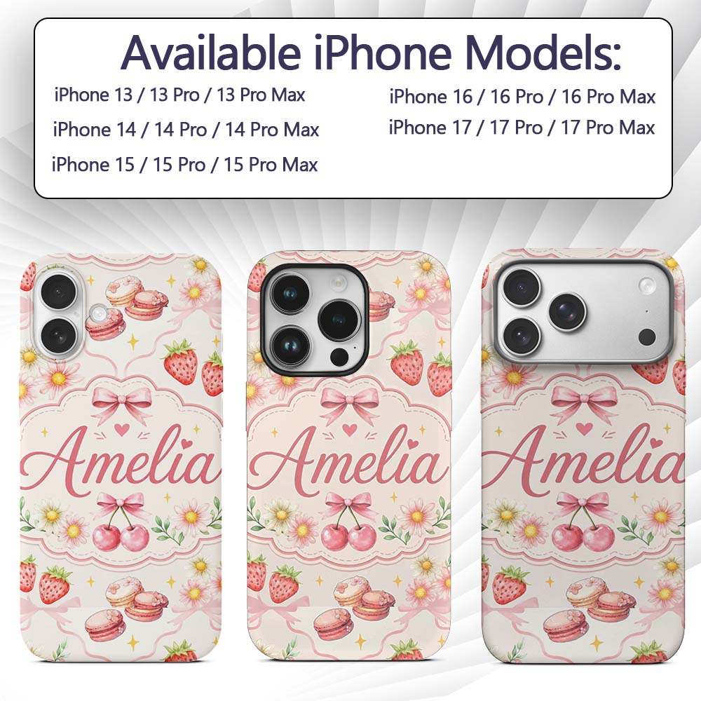 Cute Watercolor Cherry Strawberry Daisy Flowers Custom Name Protective Phone Case Mobile Cover Durable Everyday Smartphone Shock Resistant