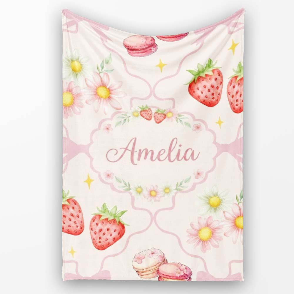 Cute Watercolor Cherry Strawberry Daisy Flowers Pink Bow Soft Cream  Personalised Custom Name Super Soft Fleece Blanket Bed Sofa Throw