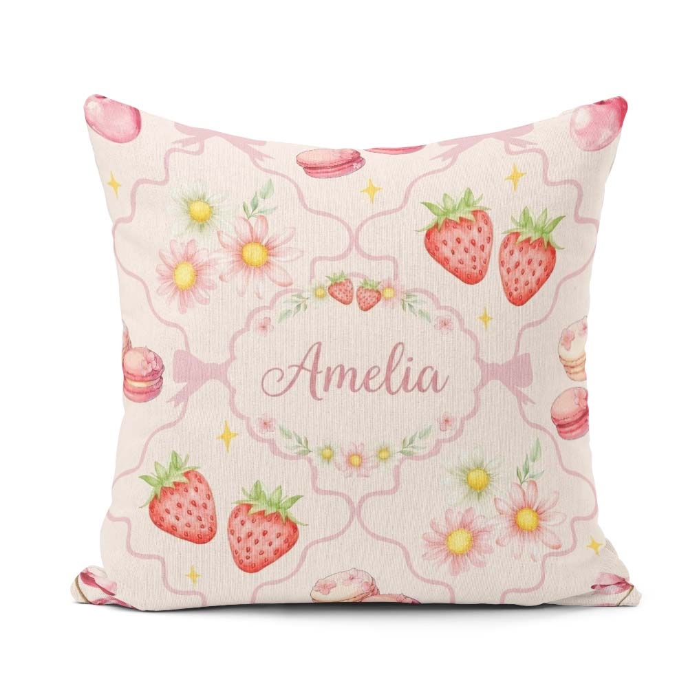 Custom Name Watercolor Cherry Daisy Flowers Pink Bow Soft Cream Square Filled Cushion Throw Pillow Sofa Bed Home Decor Zip Washable UK Made