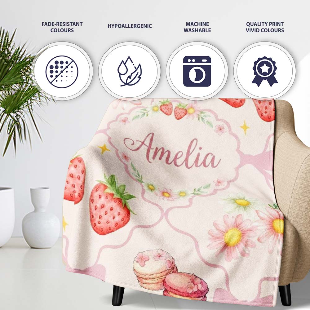 Cute Watercolor Cherry Strawberry Daisy Flowers Pink Bow Soft Cream  Personalised Custom Name Super Soft Fleece Blanket Bed Sofa Throw