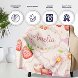Cute Watercolor Cherry Strawberry Daisy Flowers Pink Bow Soft Cream  Personalised Custom Name Super Soft Fleece Blanket Bed Sofa Throw