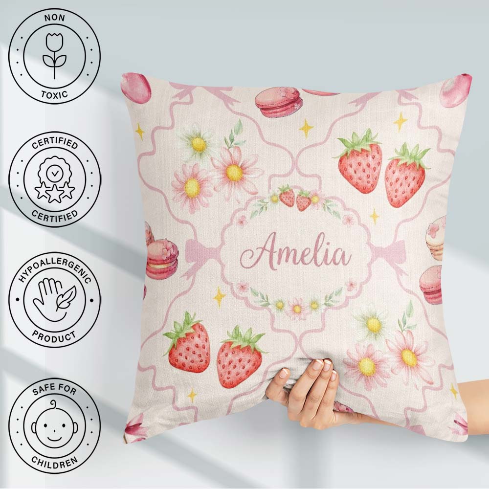Custom Name Watercolor Cherry Daisy Flowers Pink Bow Soft Cream Square Filled Cushion Throw Pillow Sofa Bed Home Decor Zip Washable UK Made