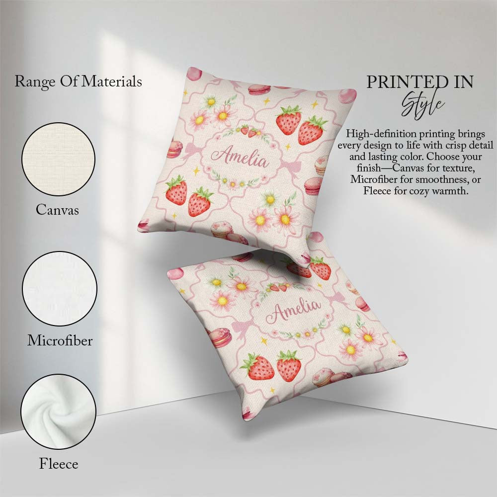 Custom Name Watercolor Cherry Daisy Flowers Pink Bow Soft Cream Square Filled Cushion Throw Pillow Sofa Bed Home Decor Zip Washable UK Made