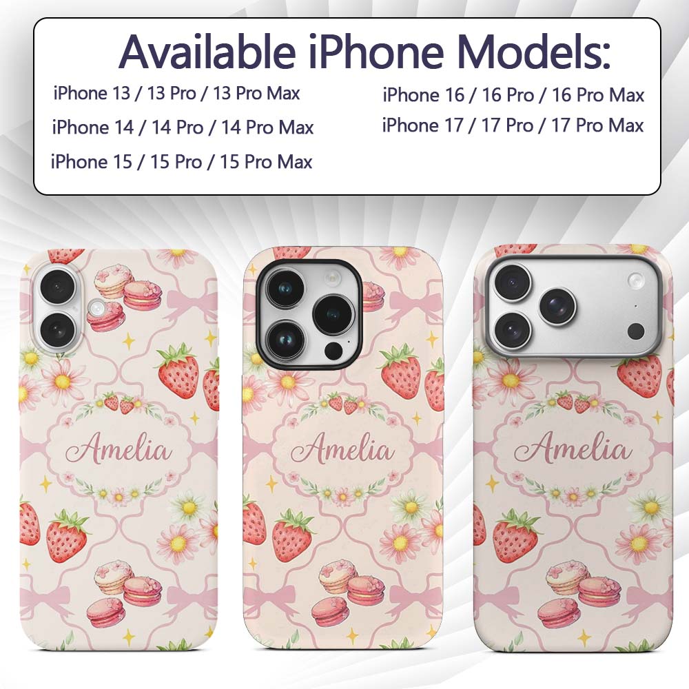 Cute Watercolor Cherry Strawberry Daisy Flowers Custom Name Protective Phone Case Mobile Cover Durable Everyday Smartphone Shock Resistant