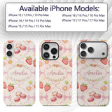 Cute Watercolor Cherry Strawberry Daisy Flowers Custom Name Protective Phone Case Mobile Cover Durable Everyday Smartphone Shock Resistant