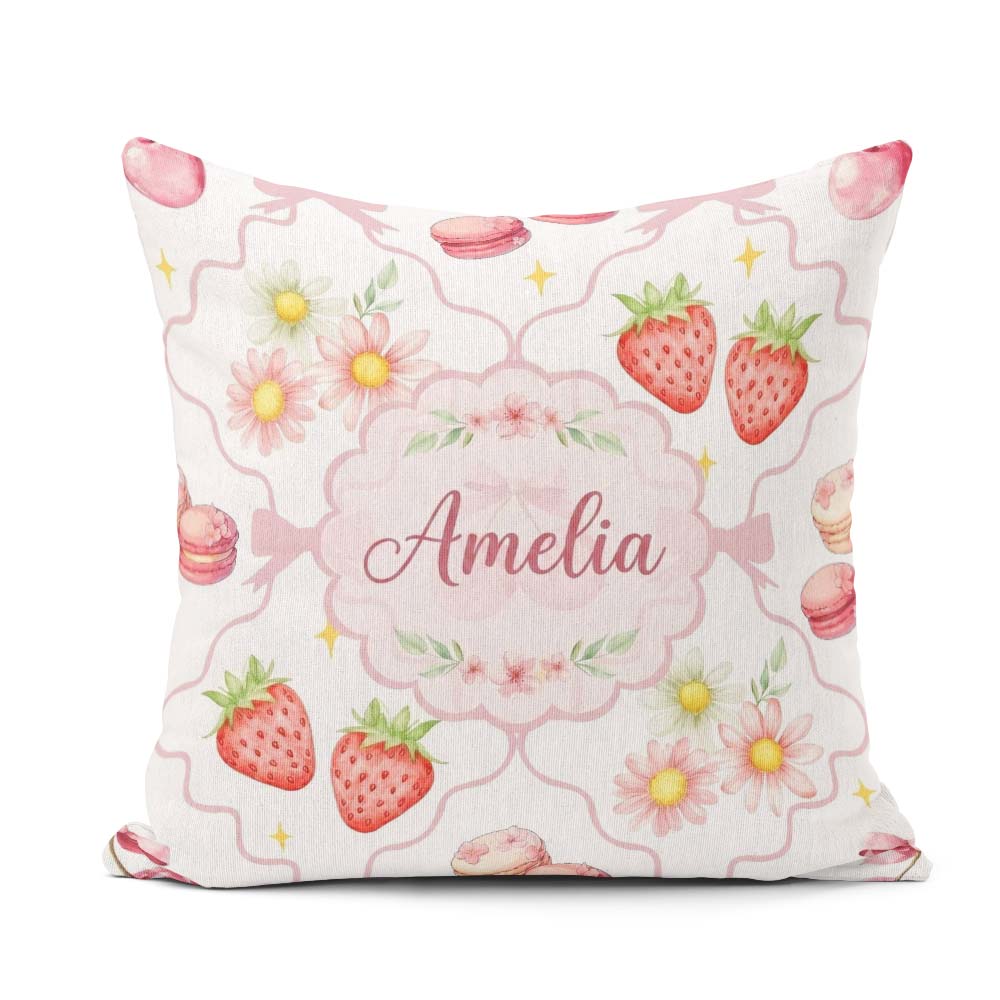 Custom Name Watercolor Cherry Daisy Flowers and Pink Bow White Square Filled Cushion Throw Pillow Sofa Bed Home Decor Zip Washable UK Made