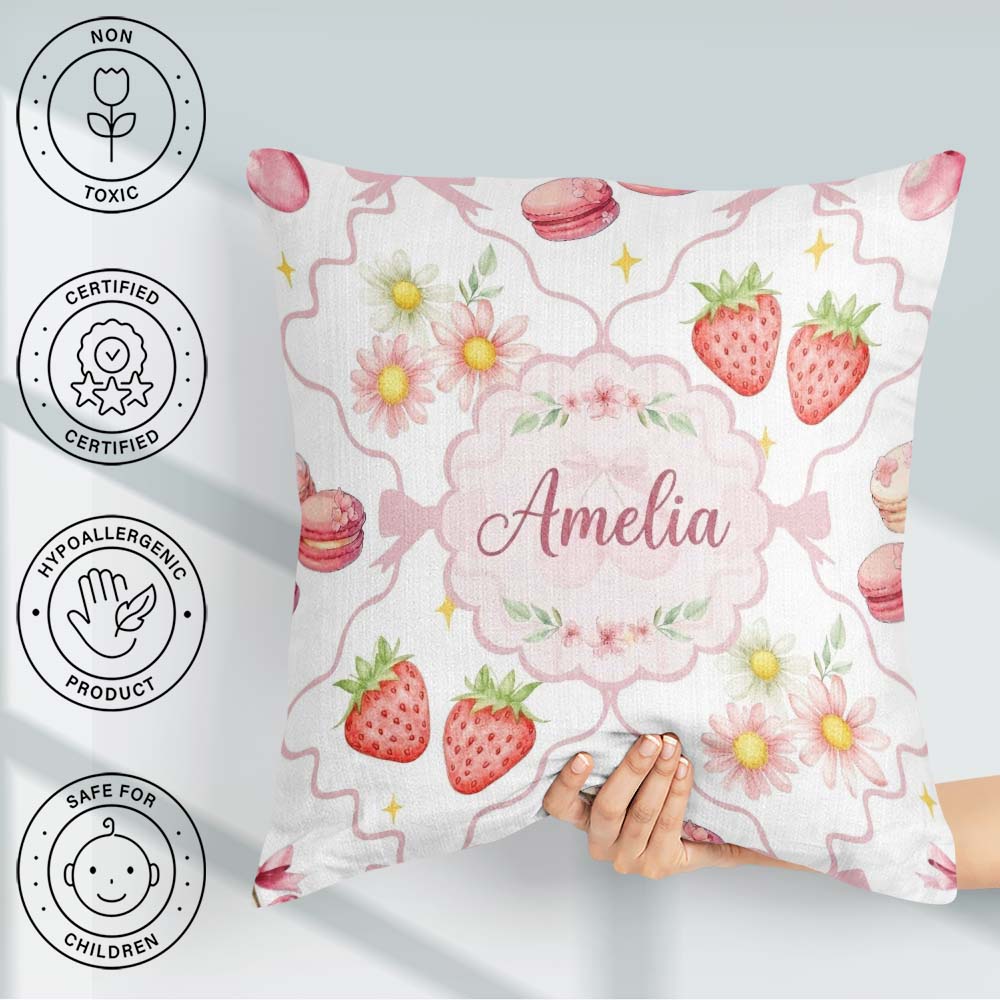 Custom Name Watercolor Cherry Daisy Flowers and Pink Bow White Square Filled Cushion Throw Pillow Sofa Bed Home Decor Zip Washable UK Made