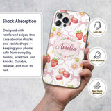 Cute Watercolor Cherry Strawberry Daisy Flowers Custom Name Protective Phone Case Mobile Cover Durable Everyday Smartphone Shock Resistant