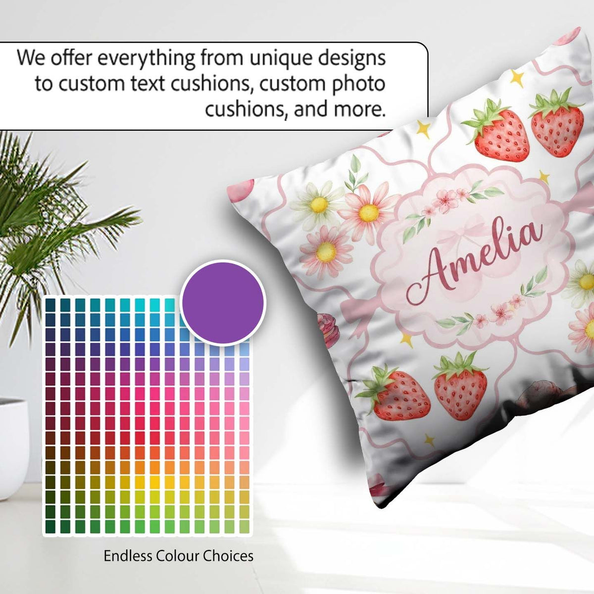 Custom Name Watercolor Cherry Daisy Flowers and Pink Bow White Square Filled Cushion Throw Pillow Sofa Bed Home Decor Zip Washable UK Made