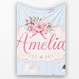Cute Watercolor Floral Roses with Red Ribbon and Butterflies Blue  Personalised Custom Name Super Soft Fleece Blanket Bed Sofa Throw