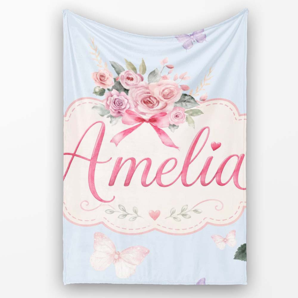 Cute Watercolor Floral Roses with Red Ribbon and Butterflies Blue  Personalised Custom Name Super Soft Fleece Blanket Bed Sofa Throw