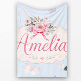 Cute Watercolor Floral Roses with Red Ribbon and Butterflies Blue  Personalised Custom Name Super Soft Fleece Blanket Bed Sofa Throw