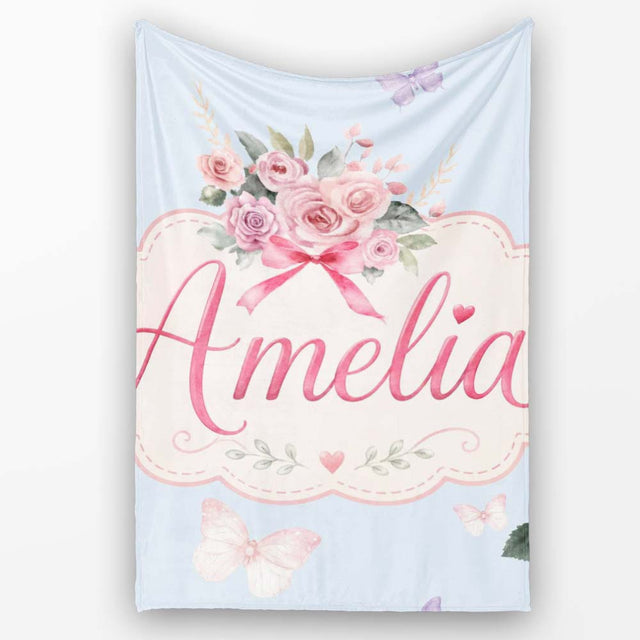 Cute Watercolor Floral Roses with Red Ribbon and Butterflies Blue  Personalised Custom Name Super Soft Fleece Blanket Bed Sofa Throw