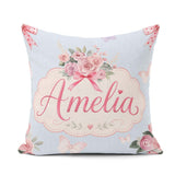 Custom Name Floral Roses with Red Ribbon and Butterflies Blue Square Filled Cushion Throw Pillow Sofa Bed Home Decor Zip Washable UK Made