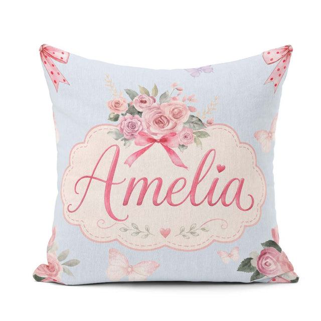Custom Name Floral Roses with Red Ribbon and Butterflies Blue Square Filled Cushion Throw Pillow Sofa Bed Home Decor Zip Washable UK Made