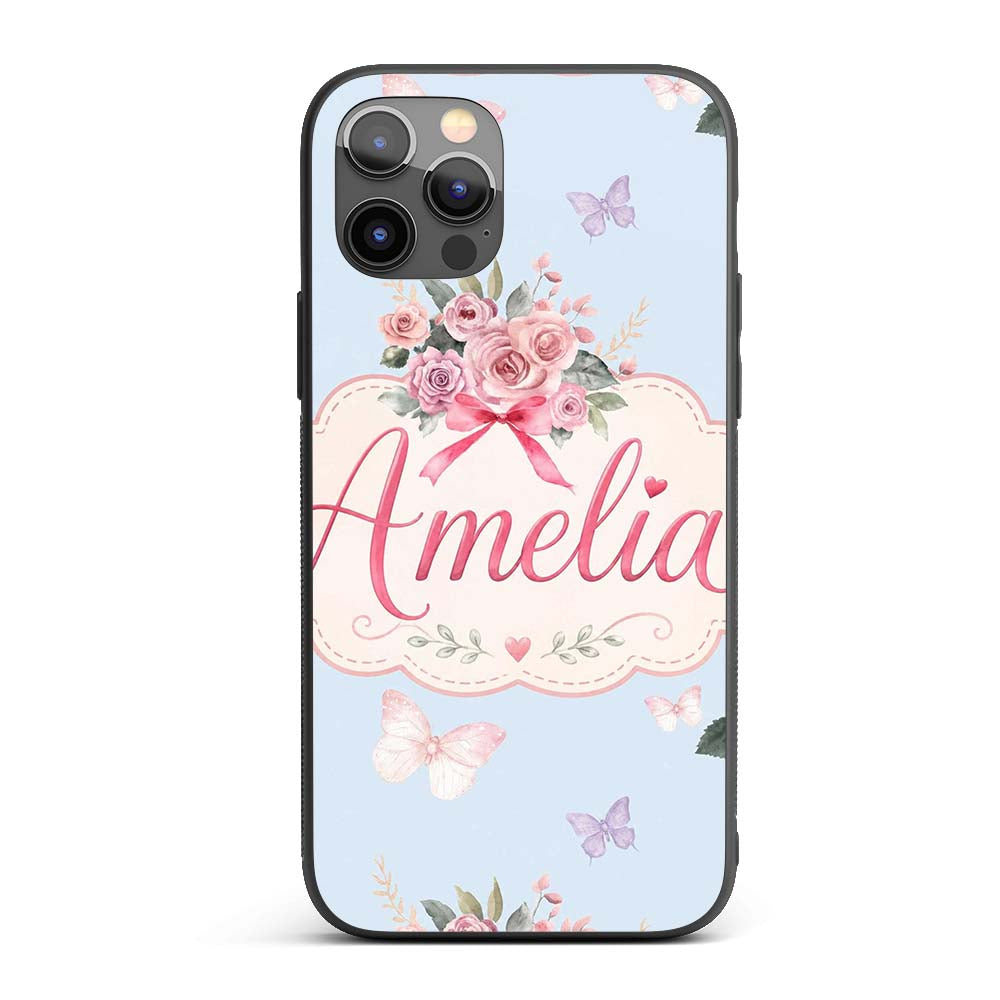 Cute Watercolor Floral Roses with Red Ribbon and Custom Name Protective Phone Case Mobile Cover Durable Everyday Smartphone Shock Resistant