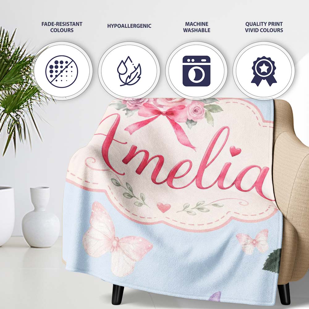Cute Watercolor Floral Roses with Red Ribbon and Butterflies Blue  Personalised Custom Name Super Soft Fleece Blanket Bed Sofa Throw