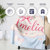 Cute Watercolor Floral Roses with Red Ribbon and Butterflies Blue  Personalised Custom Name Super Soft Fleece Blanket Bed Sofa Throw