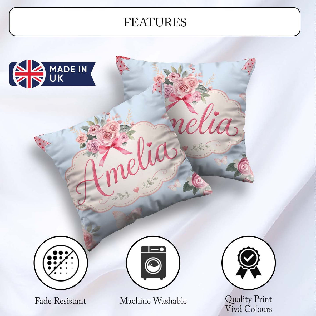 Custom Name Floral Roses with Red Ribbon and Butterflies Blue Square Filled Cushion Throw Pillow Sofa Bed Home Decor Zip Washable UK Made