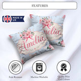 Custom Name Floral Roses with Red Ribbon and Butterflies Blue Square Filled Cushion Throw Pillow Sofa Bed Home Decor Zip Washable UK Made