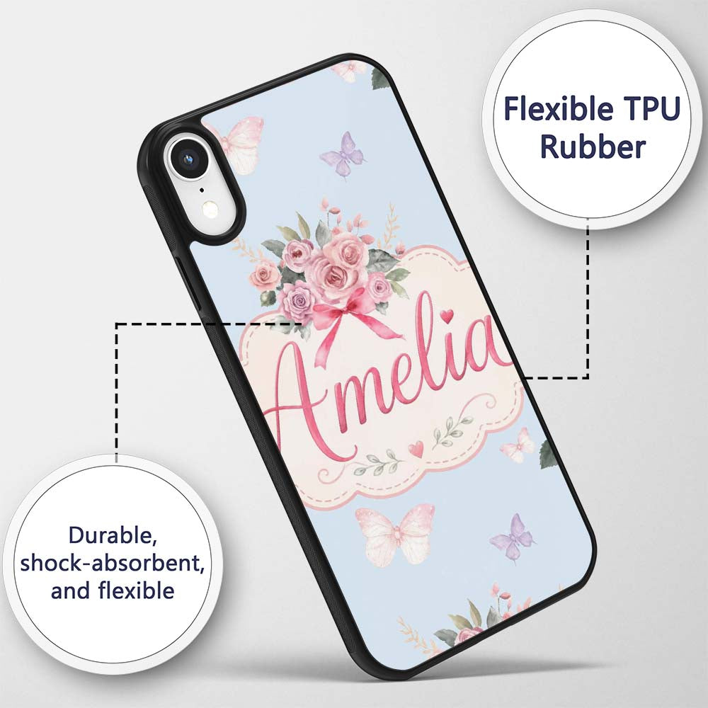 Cute Watercolor Floral Roses with Red Ribbon and Custom Name Protective Phone Case Mobile Cover Durable Everyday Smartphone Shock Resistant