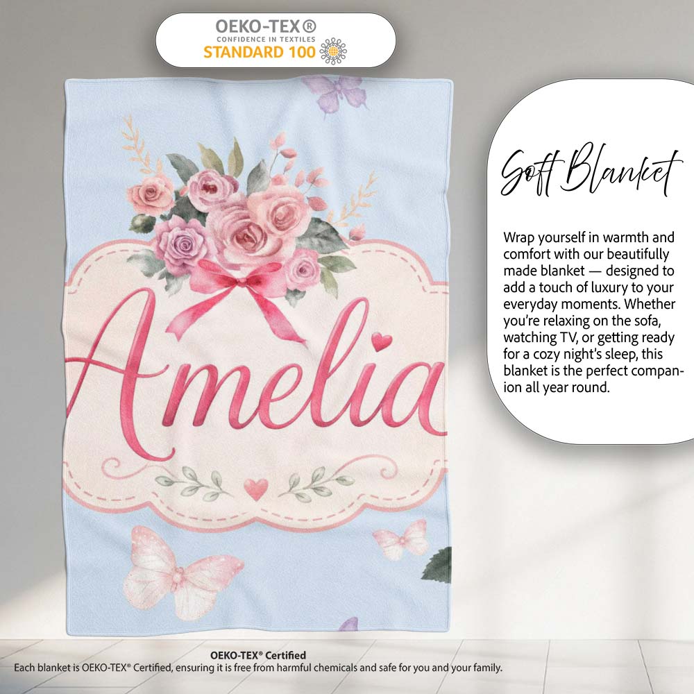 Cute Watercolor Floral Roses with Red Ribbon and Butterflies Blue  Personalised Custom Name Super Soft Fleece Blanket Bed Sofa Throw