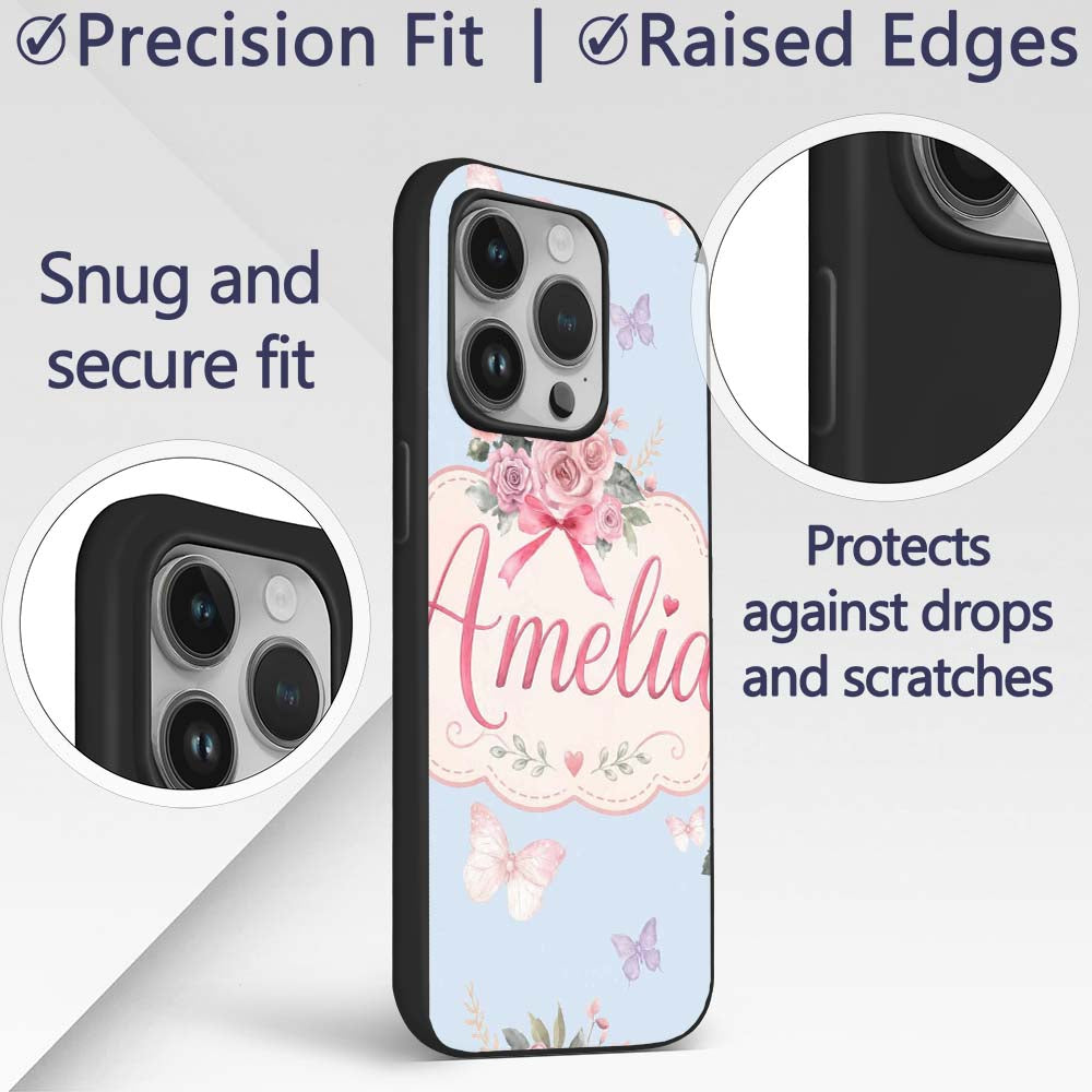 Cute Watercolor Floral Roses with Red Ribbon and Custom Name Protective Phone Case Mobile Cover Durable Everyday Smartphone Shock Resistant