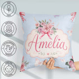 Custom Name Floral Roses with Red Ribbon and Butterflies Blue Square Filled Cushion Throw Pillow Sofa Bed Home Decor Zip Washable UK Made