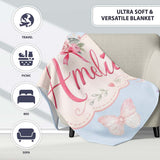 Cute Watercolor Floral Roses with Red Ribbon and Butterflies Blue  Personalised Custom Name Super Soft Fleece Blanket Bed Sofa Throw